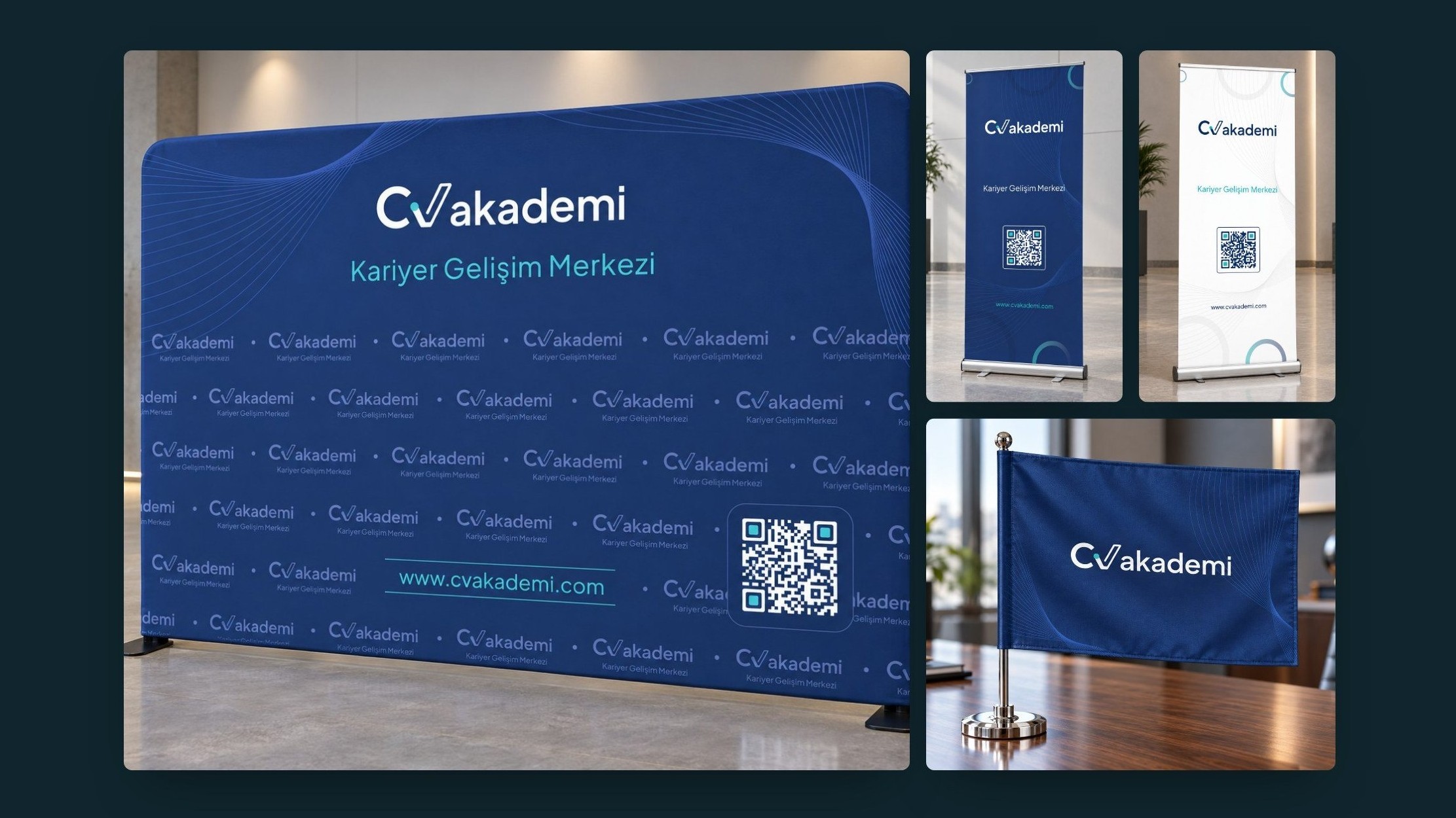 CV Akademi — backdrop, roll-up ve masa bayrağı
